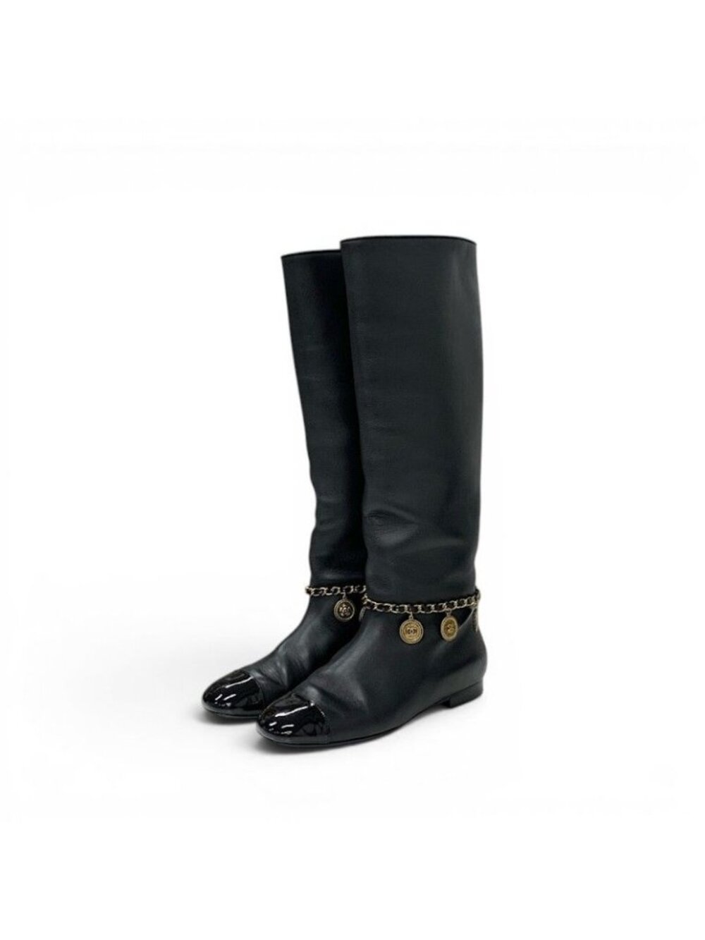 Chanel Boots Long Shoes Leather Black Gold CC Logo Chain Coin Charm